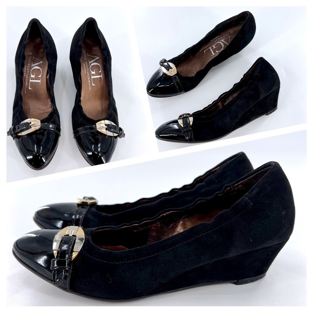 AGL Attilio Gusto Leombruni Black Suede Patent Leather Cap Toe Wedge size 38